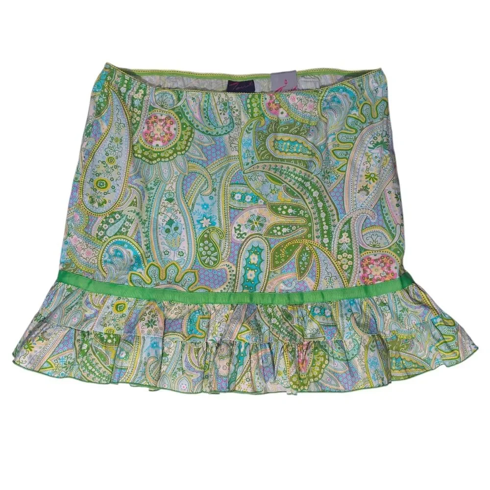 NWT Y2K Torrid Skirt Ruffle Paisley 24 Plus Elastic Green Blue Pink Trumpet New - Picture 1 of 6